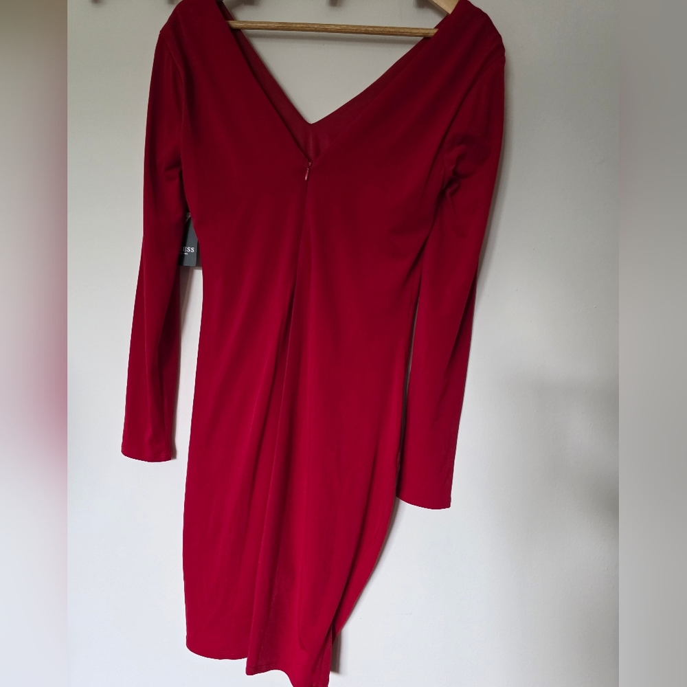 GUESS Women's Knot Detail Fitted Long Sleeve V-Neck Dress Sz. 4 - Picture 3 of 7